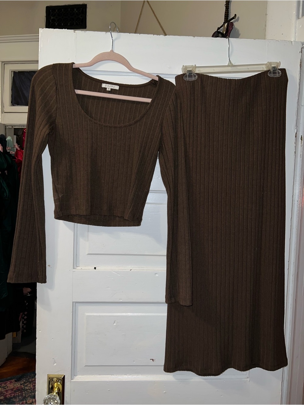 Z Supply Brown Ribbed Knit Two-Piece Skirt Set